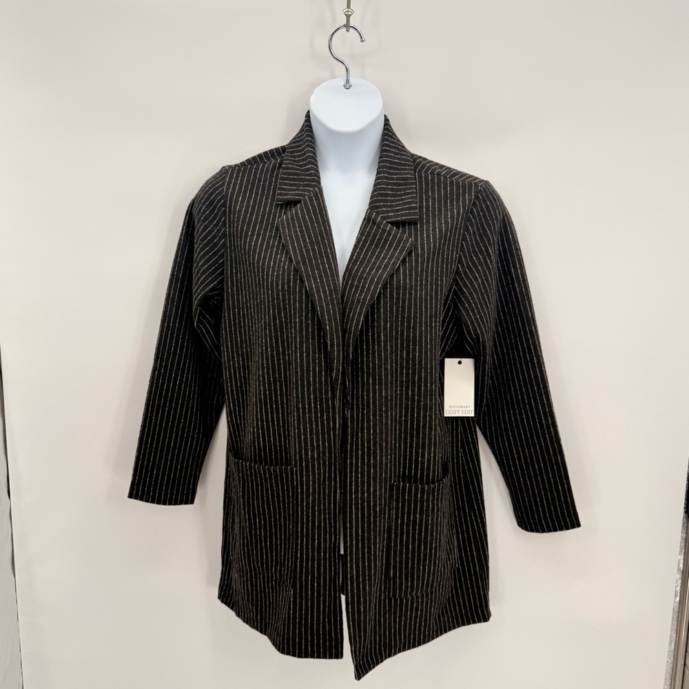 Dictionary Cozy Edit Open Front Cardigan Jacket Black Gray Striped Medium NWT